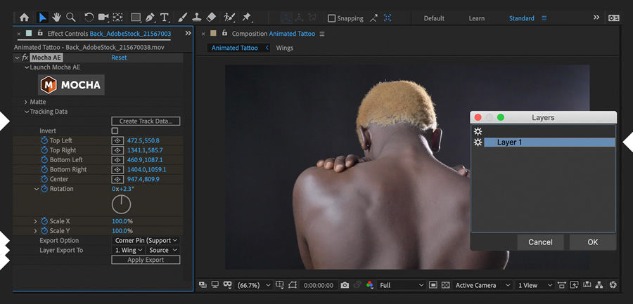 Mocha FX menu is open on the left, Create Track Data is clicked, Layer 1 is chosen, and layer is exported to design layer.