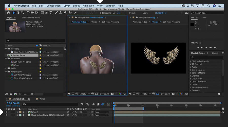 Winged tattoo design is scaled down and now tracks with the surface of the man’s back.
