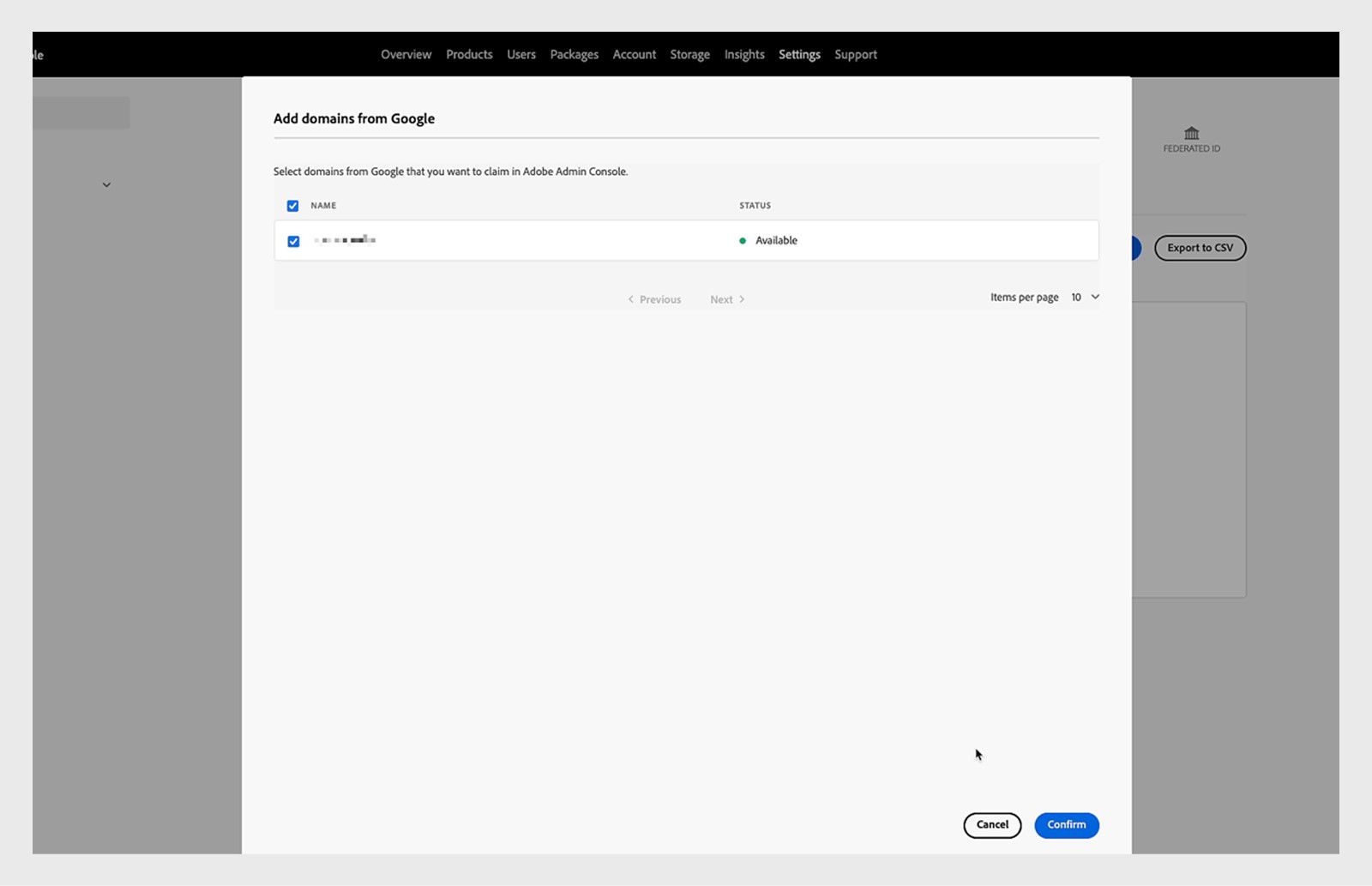 Add domains from Google screen with options to select domains from Google to claim in Adobe Admin Console