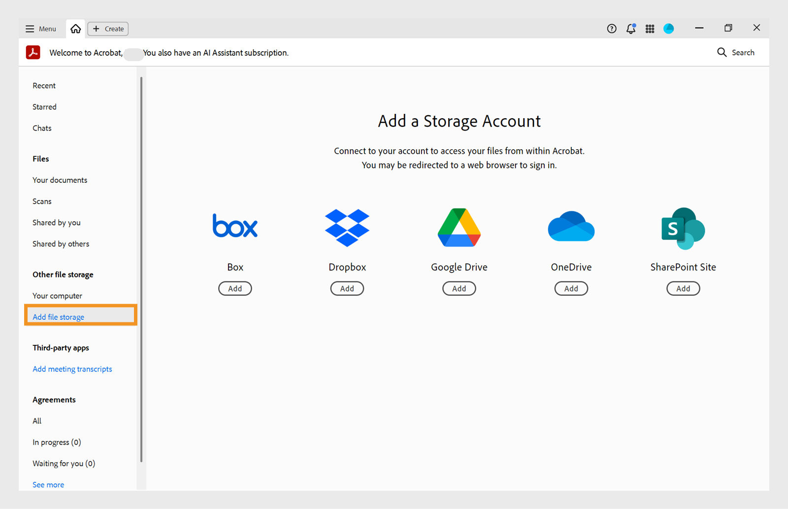 Add online storage accounts from the Home view