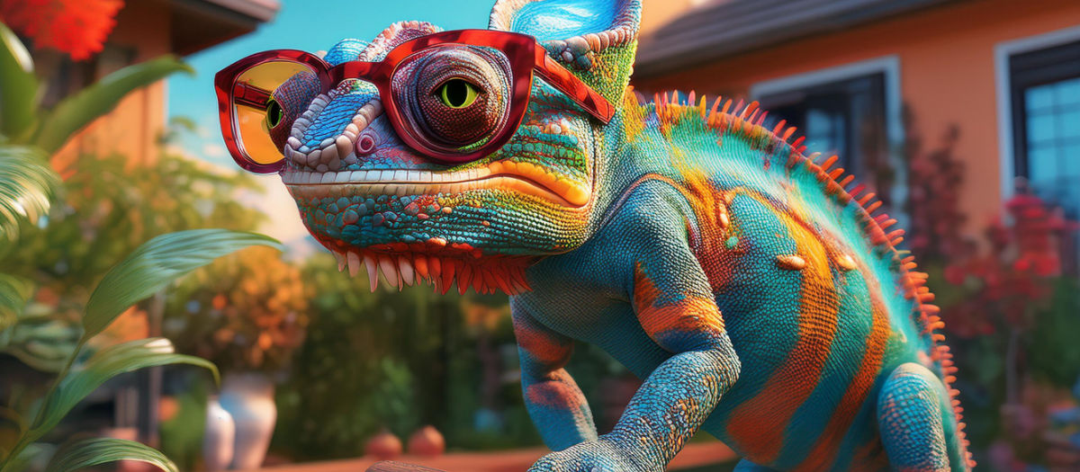 A close-up of a vibrantly colored chameleon with textured skin in shades of blue, green, orange, and yellow. The chameleon is wearing oversized red glasses with reflective lenses. In the background, there is a blurred view of a house with warm lighting, suggesting an outdoor setting during the evening. 