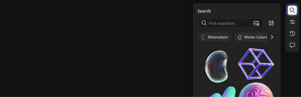 The Search option is highlighted, allowing you to use the Search panel to find stock images on the Adobe Stock website.