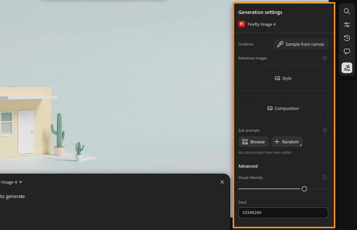 The generation history is available and the Generation settings option is highlighted next to the Generate button in the text prompt.