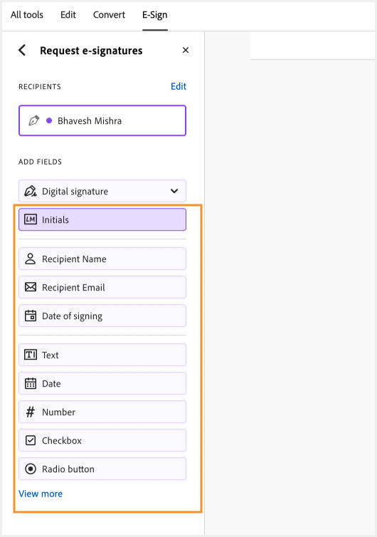 Enter information and share for digital signatures
