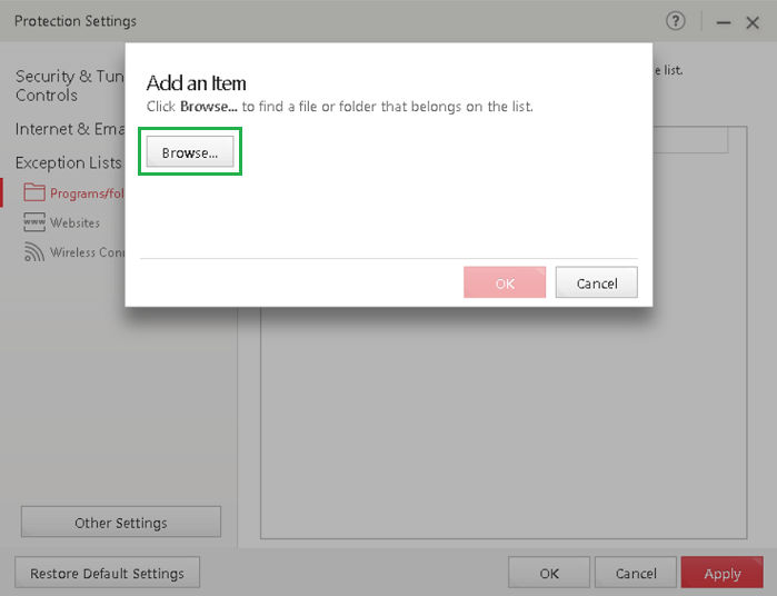 Browse and select the program