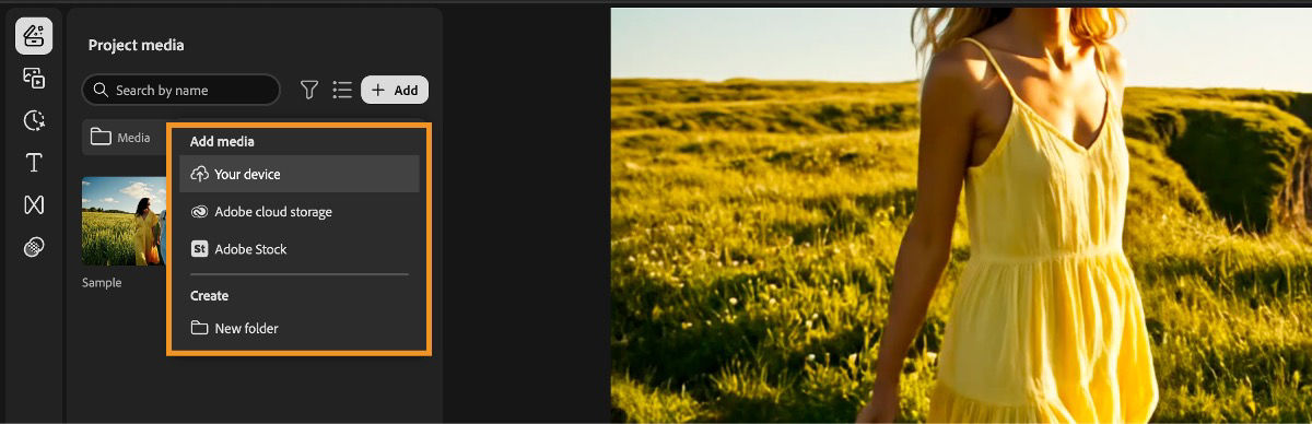 The Add option in the Your media panel is highlighted and expanded to display the options Upload media, Adobe Stock, and New timeline. 