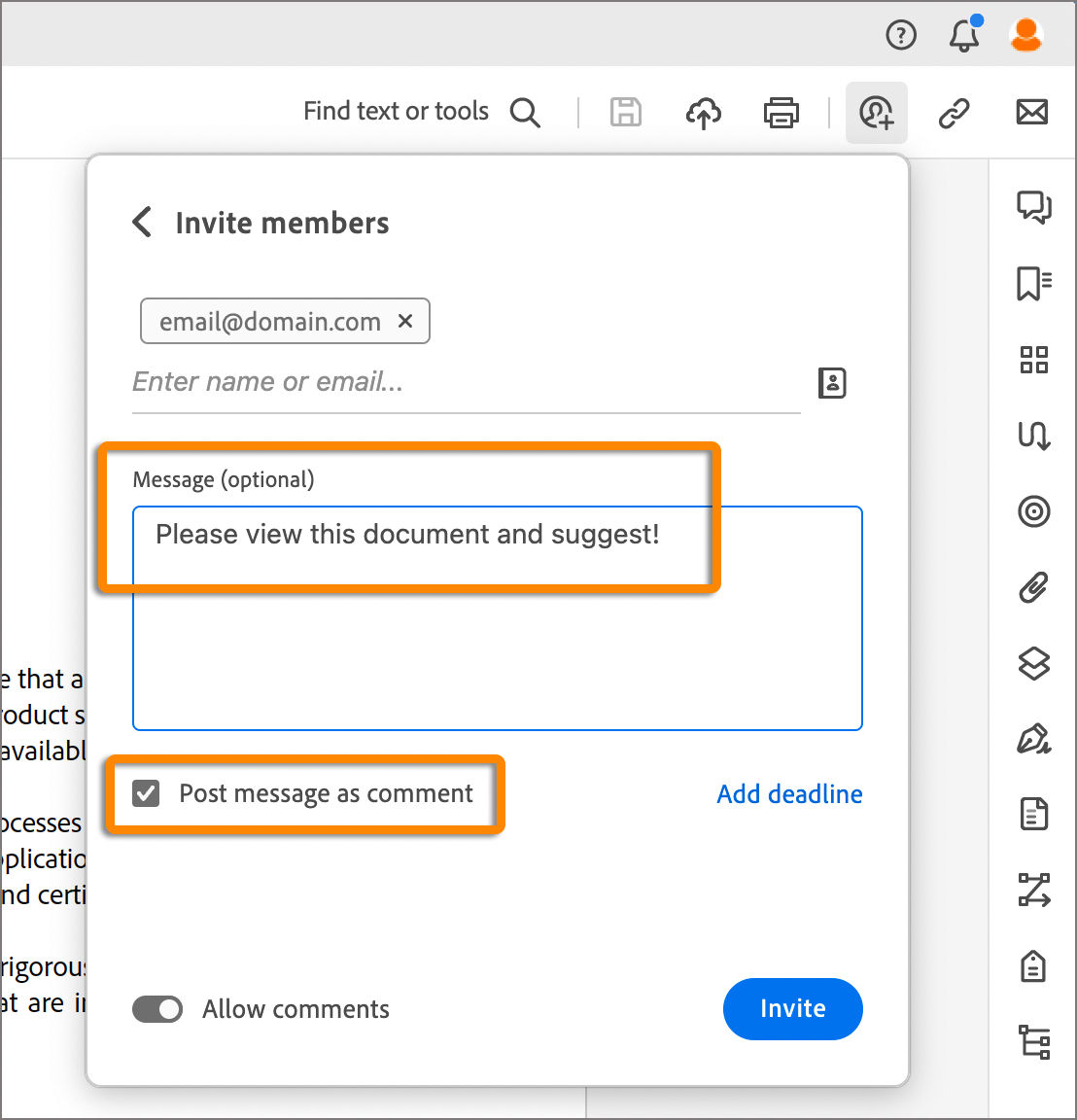 Message added in the invite dialog
