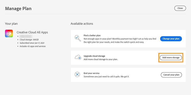 Select Add more storage in the upgrade cloud storage section