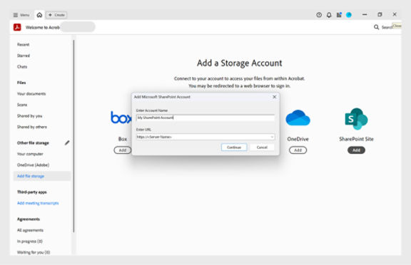 Add SharePoint account in Acrobat or Reader