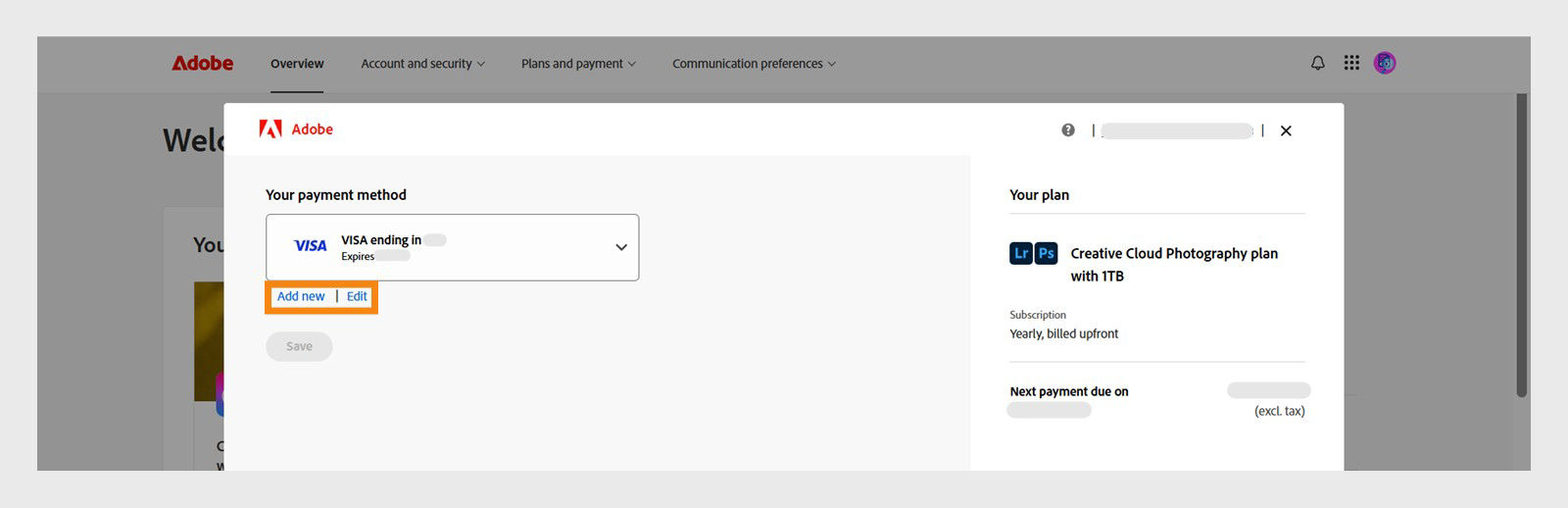 Your payment method window displays options to Add new and Edit payment methods.