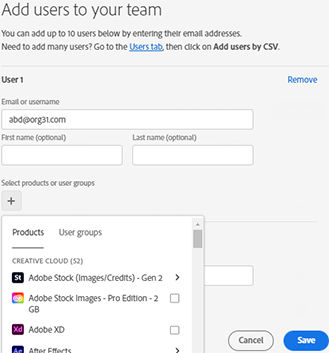 Add users dialog box with the user's email address added and the select product or user groups option highlighted