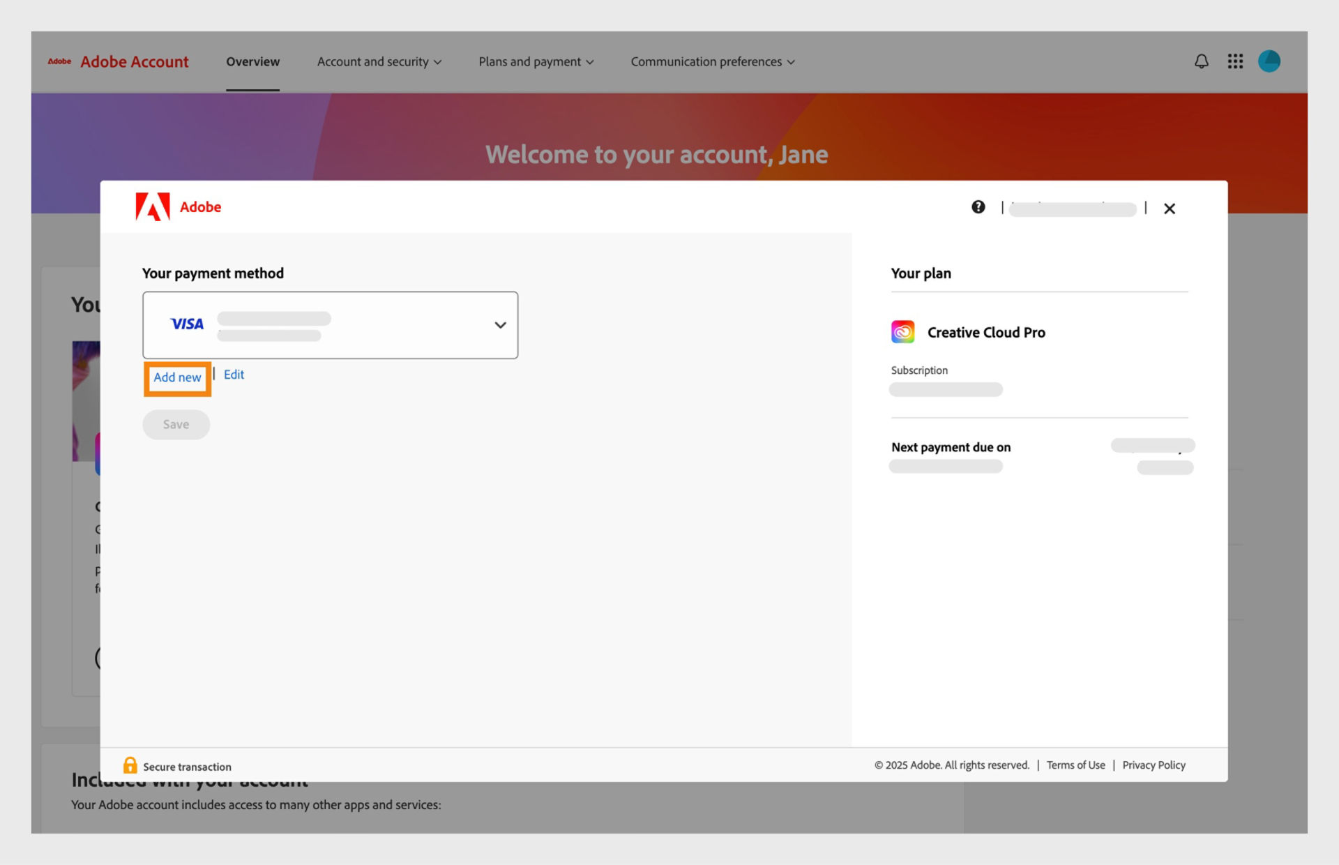 Adobe Account payment settings show the option to select Add new or Edit. 