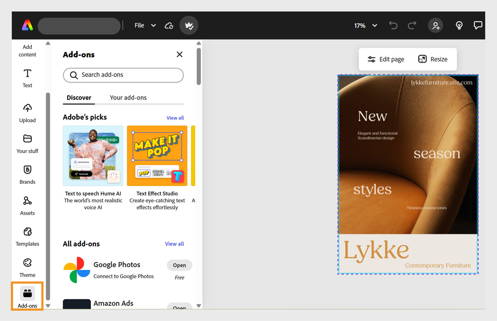 The image shows the add-ons in the Adobe Express editor. There are two sections, Discover and Your add-ons. It shows all the available add-ons that you can add to your design.