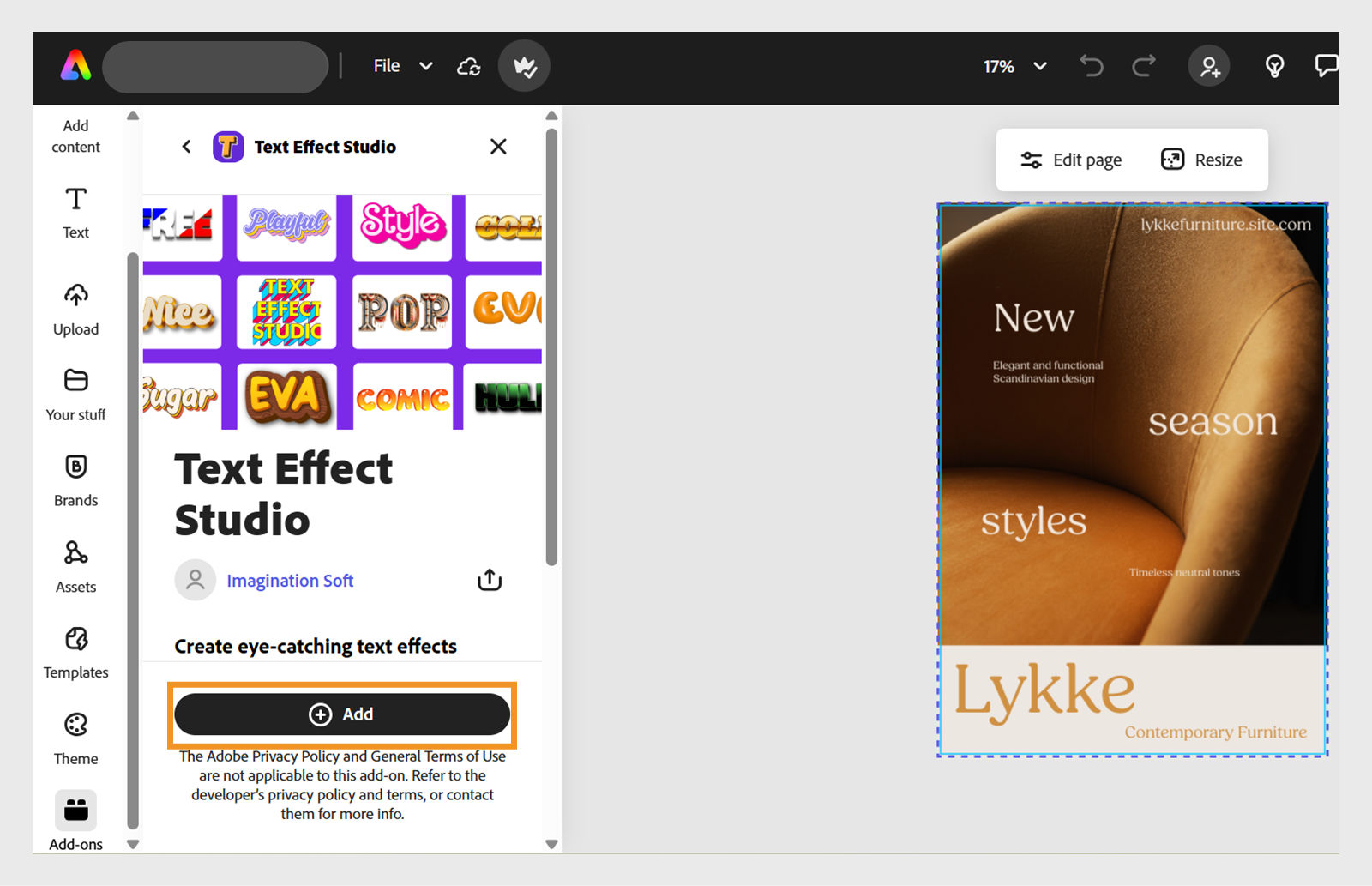 The Adobe Express editor displays the Text Effect Studio add-on opened from the Add-ons panel on the left. Various colorful text styles are shown at the top, and an Add button at the bottom is highlighted. On the right, a poster design titled “Lykke – Contemporary Furniture” is visible on the canvas.