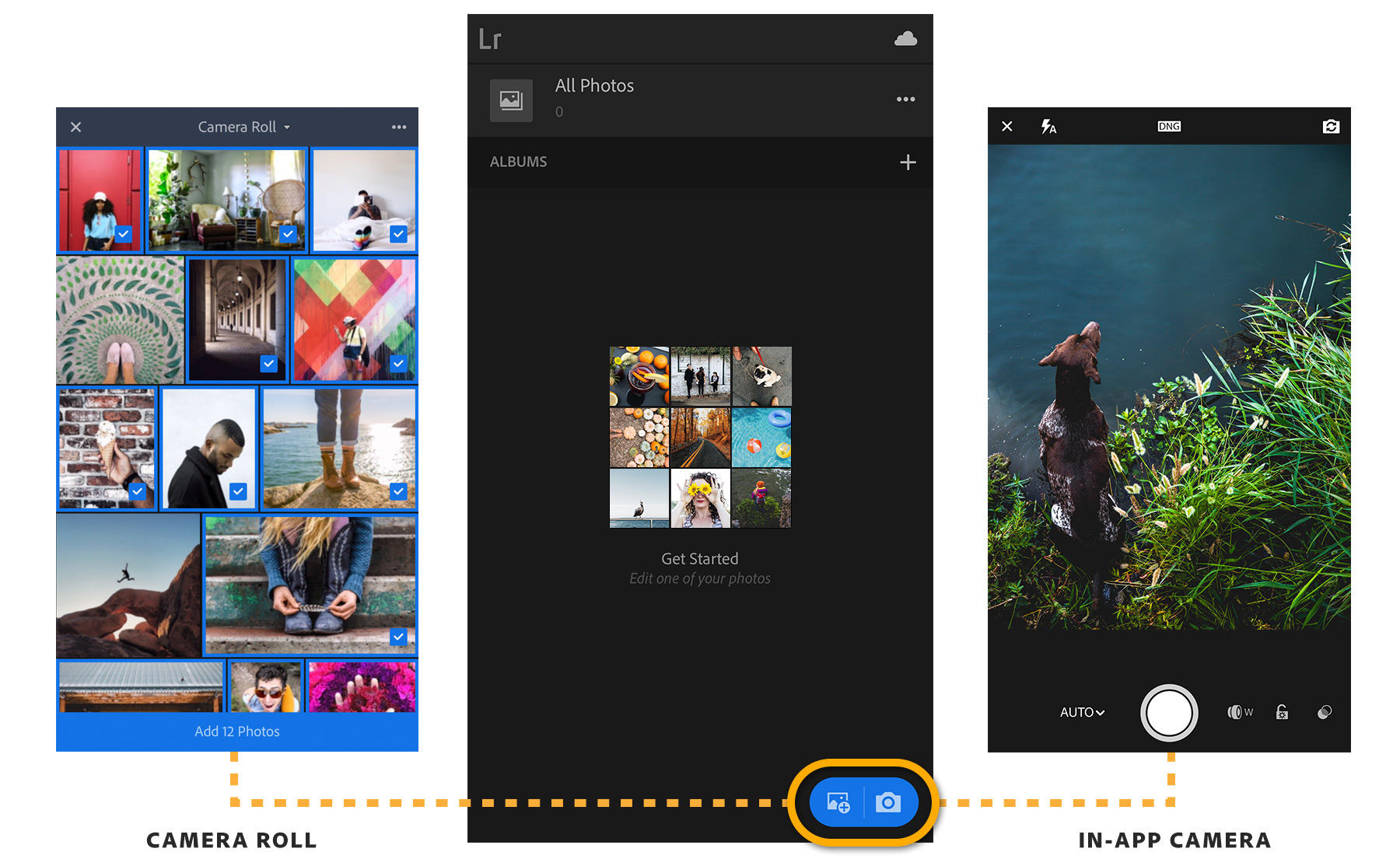 Click Add Photos > Camera Roll, tap thumbnails or swipe across images to select them. Tap Add Photos to import to Lightroom.