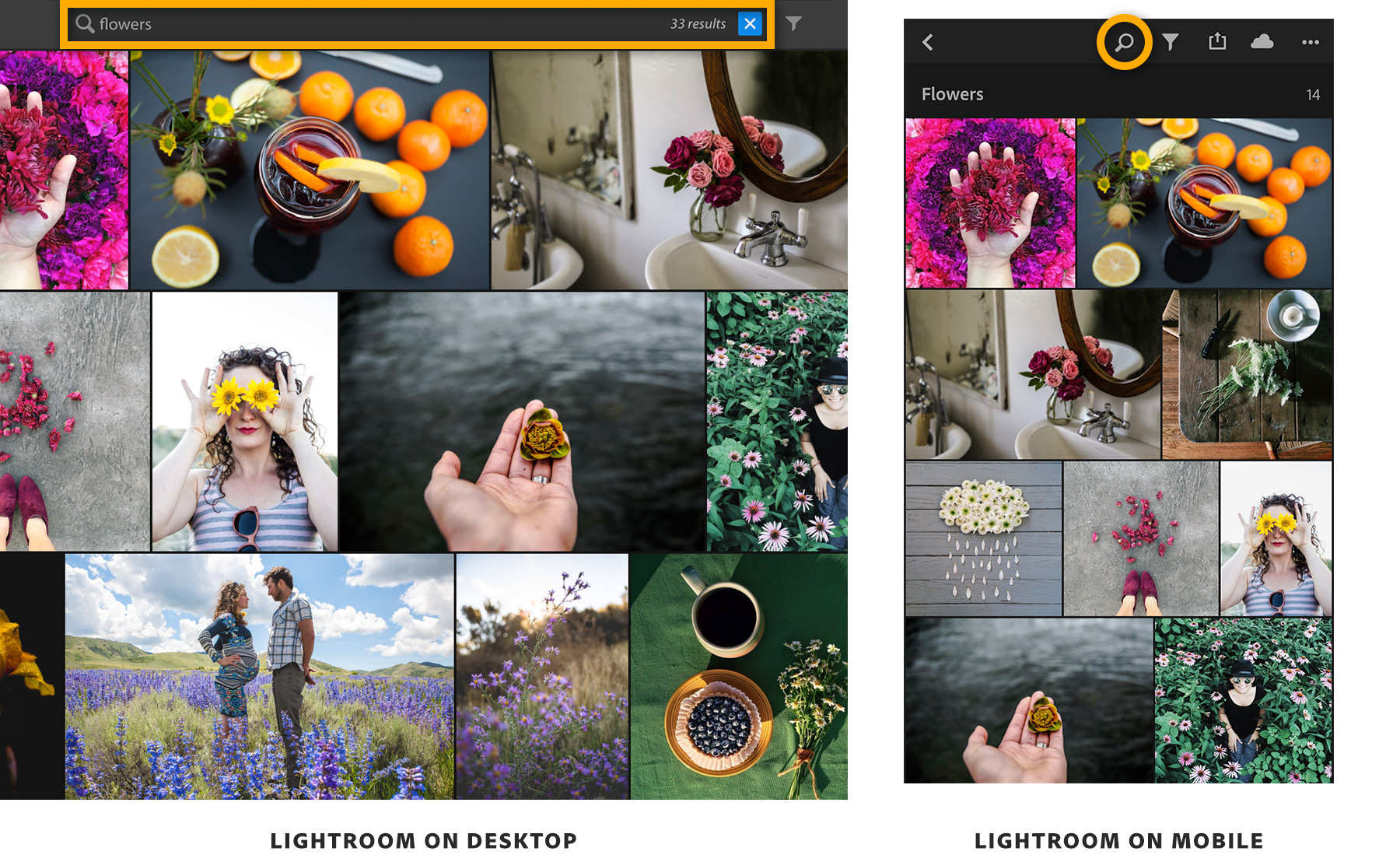 Lightroom automatically adds keywords to photos. A search for “flowers” brings up 33 results. 