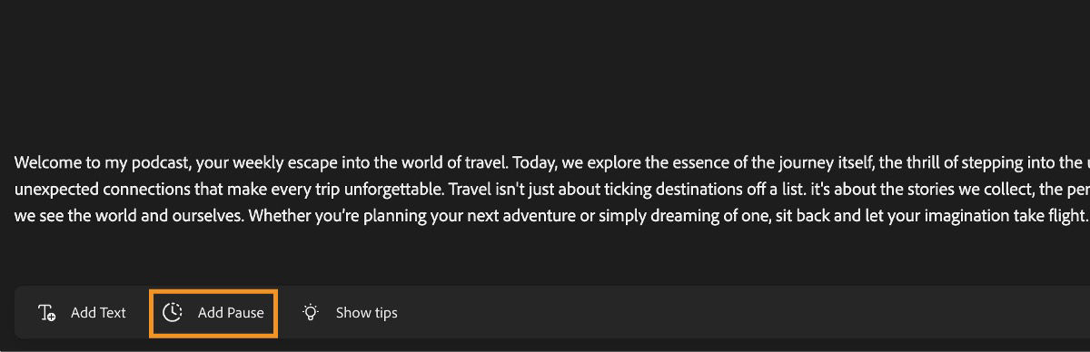 The Generate Speech screen displays a context menu within the text editor with a highligtht over the Add pause icon.