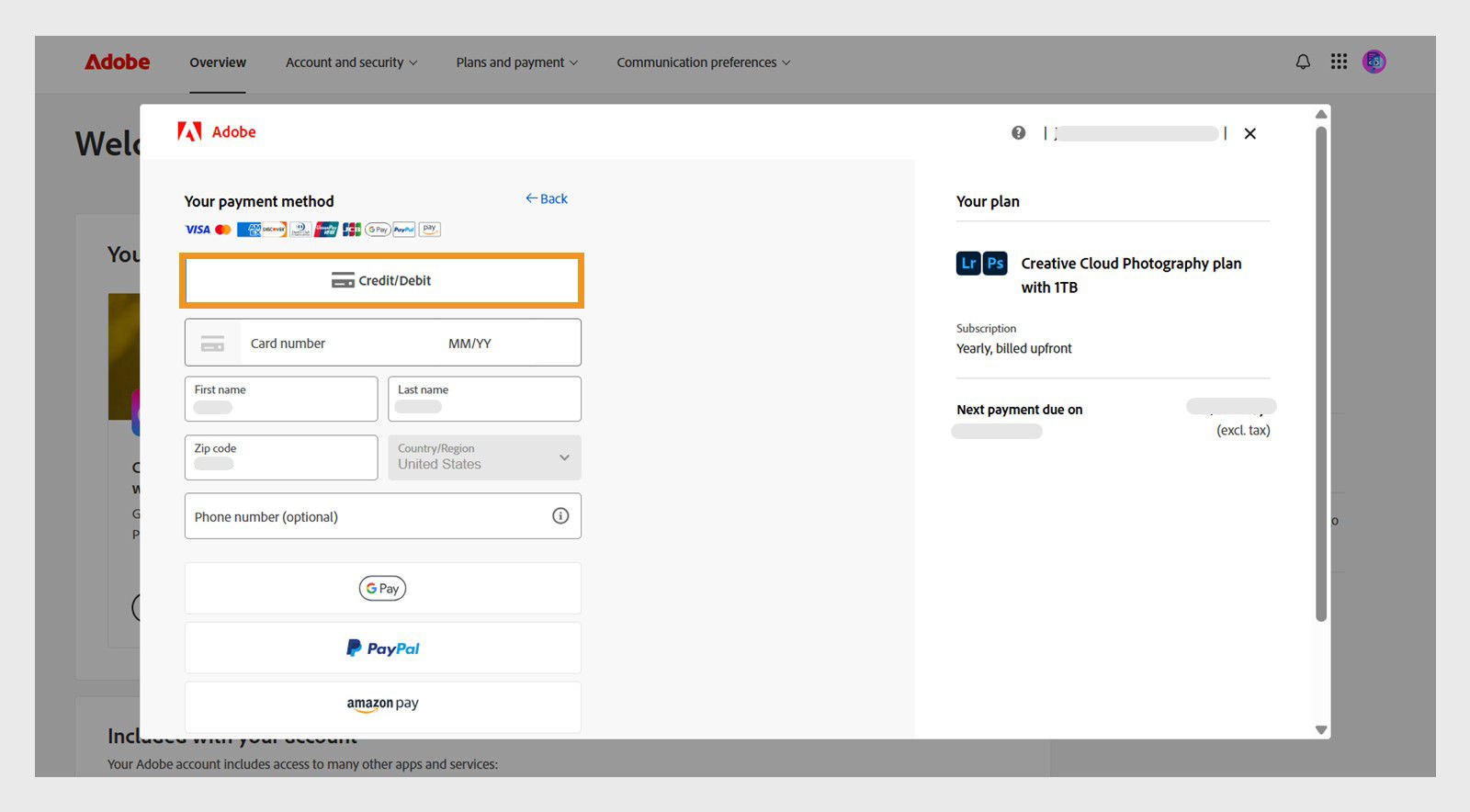 Your payment method window shows available payment methods. Selecting a payment method displays fields to enter payment details. 