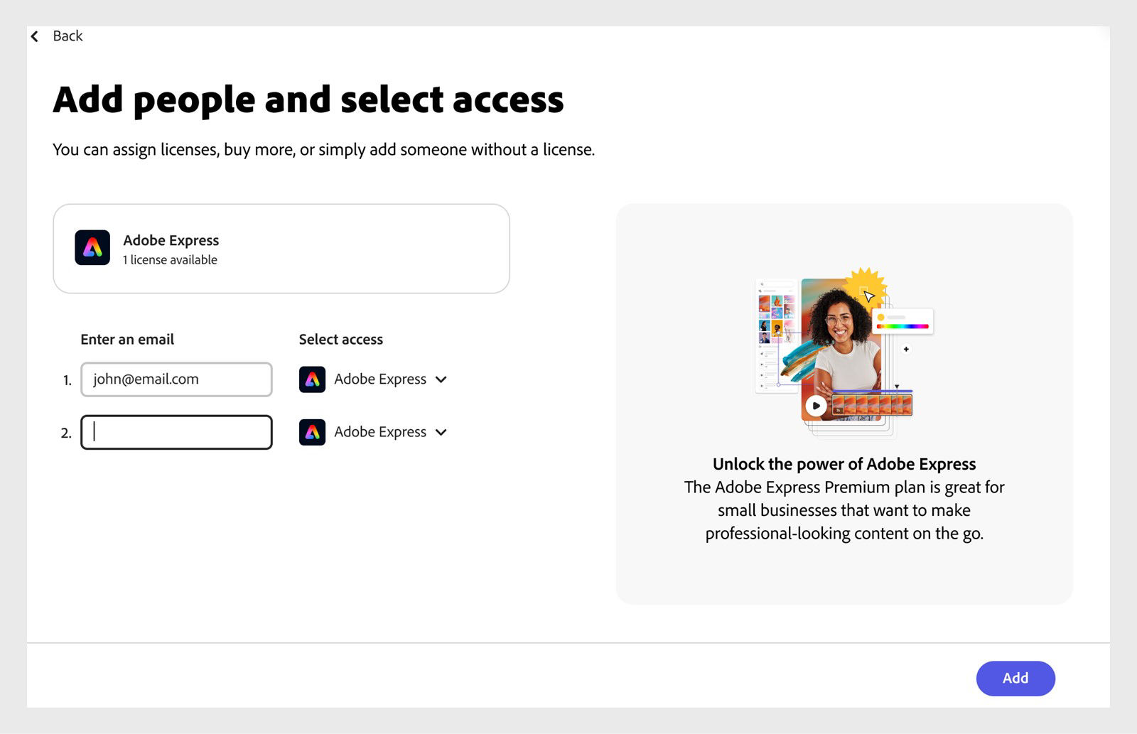 The image displays the Add people screen with options to enter user's email and assign app licenses with an "Add" button.