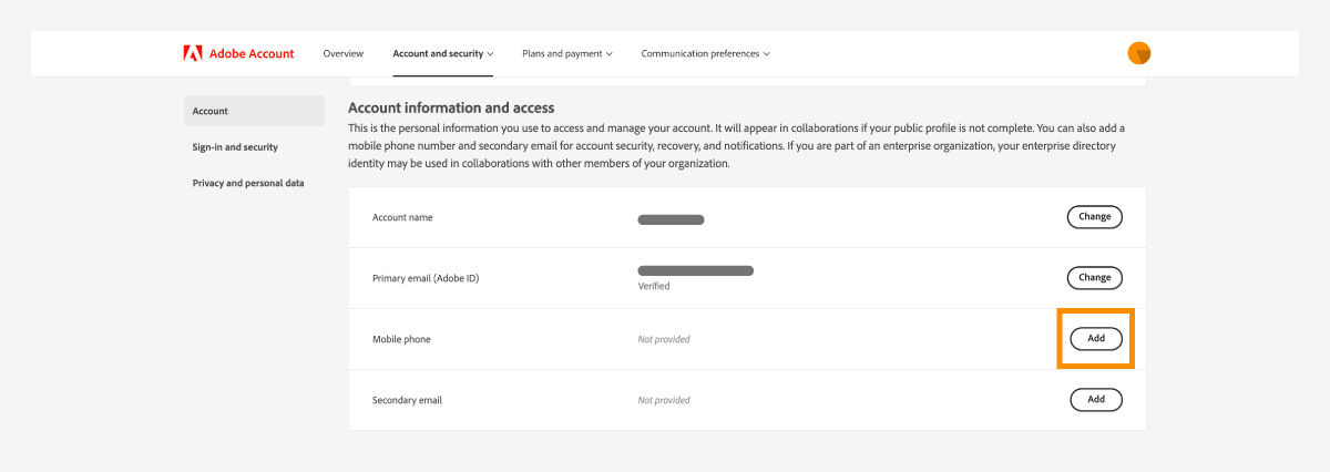 Account information and access window to add your mobile phone number