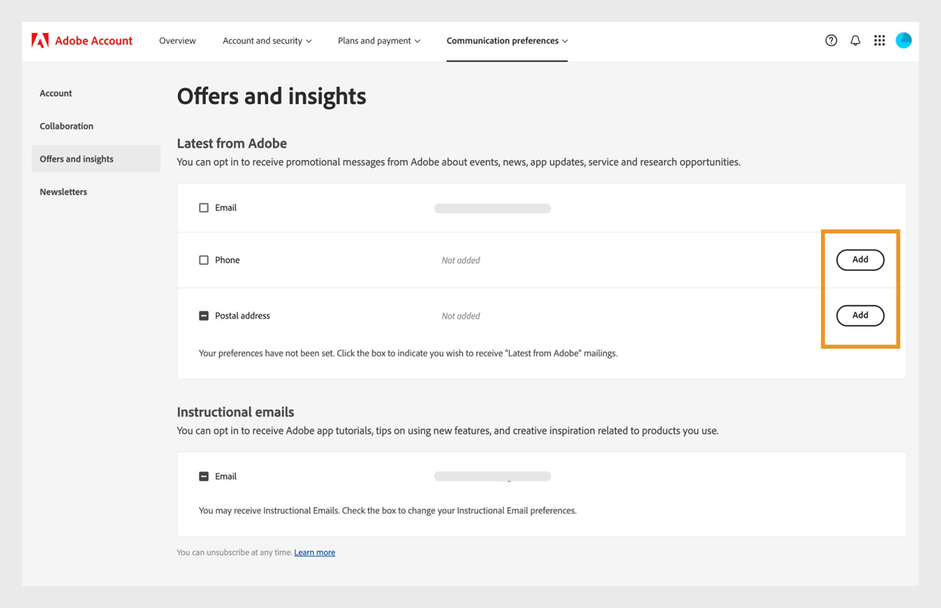 The Offers and insights page in your Adobe account showing your email, phone number, postal address, and options to add or change details and enable receiving communication from Adobe.