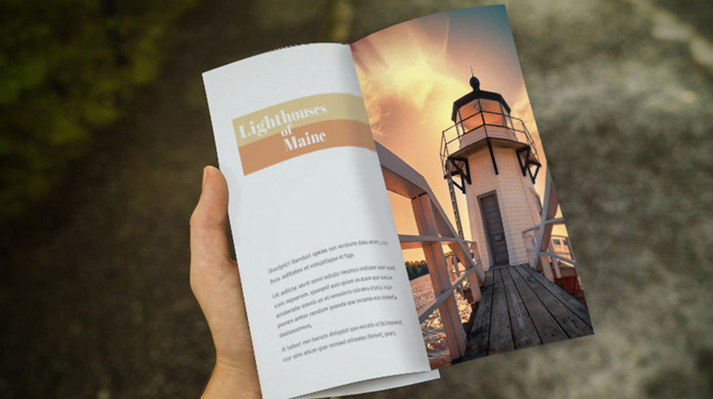 Two page magazine layout with the title: Lighthouses of Maine