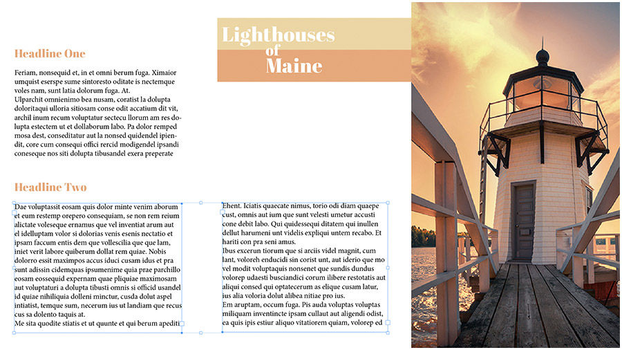 Layout updated to include image of a lighthouse and two threaded text frames