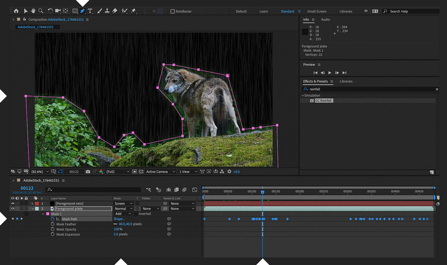 A mask is drawn around objects in the foreground and repositioned as needed as the timeline is scrubbed. 