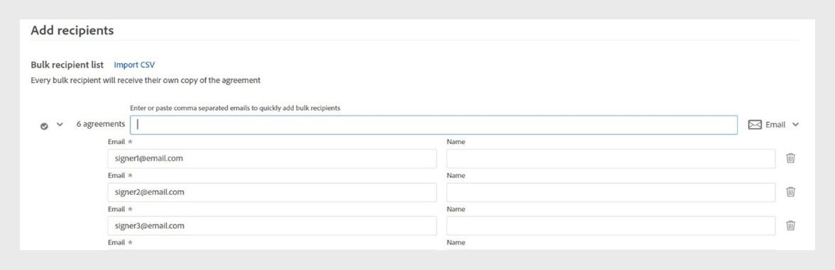 The Acrobat interface displays the Add recipients screen, where users can enter or import email addresses to send bulk e-signature requests.
