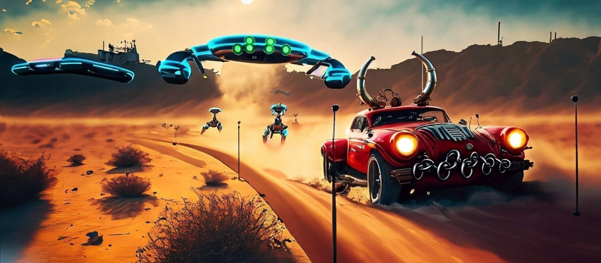 A classic red car with large chrome engine parts and tailfins drives on a desert road under a clear blue sky. Two futuristic flying vehicles hover above, and several figures on hoverbikes follow behind.