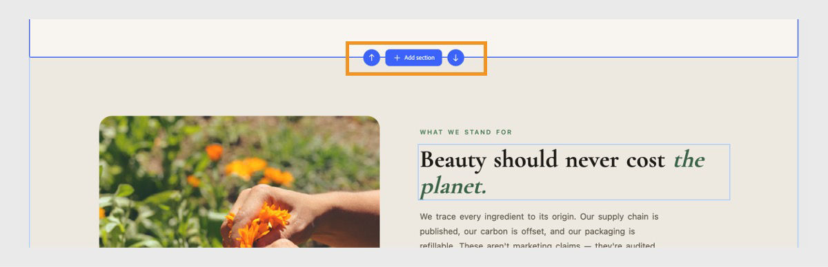 A webpage section is selected, displaying controls to move the section up or down and add a new section.