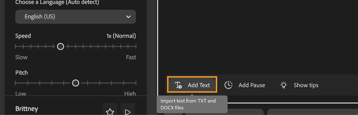 The Generate speech page displays the text editor window with the Add Text button highlighted along the Generate bar.