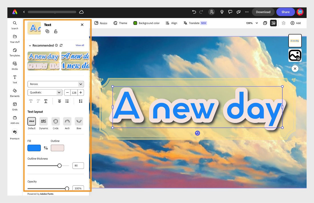 A design is open in the Adobe Express editor, with the Text panel open. A text box is open in the editor that reads "A new day".||add-text-to-design