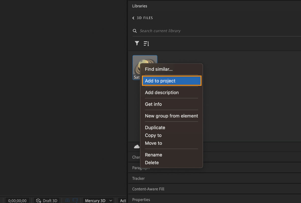 Use Add to project option to add the 3D model from your library to the project.