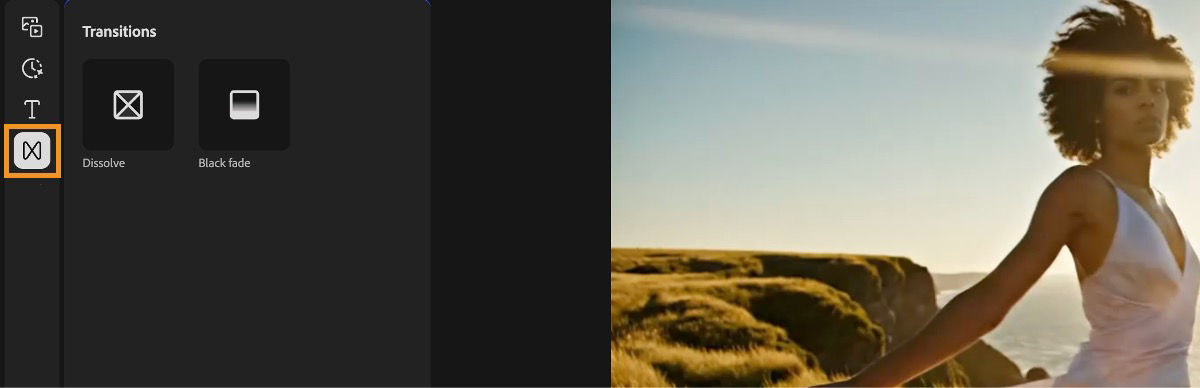 The Firefly Video editor screen displays the left rail where the Transitions icon is highlighted.