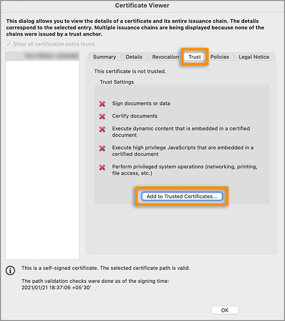Add to trusted certificates