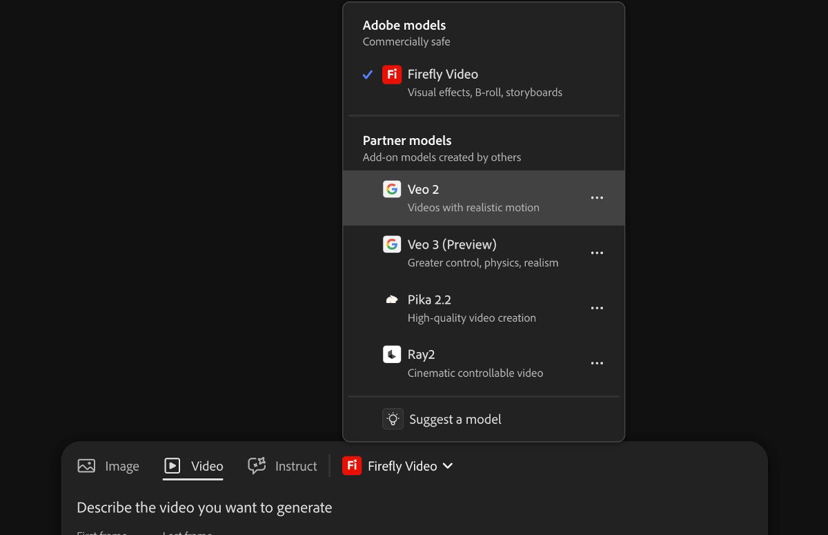 The text prompt bar is open, a text description is added and a partner model - Veo 2 is selected as the video model.