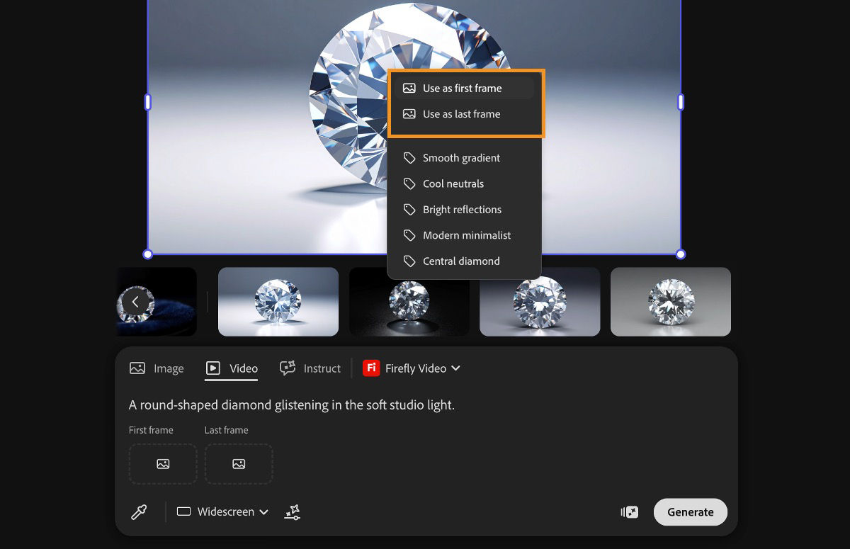 The image on the canvas is selected, and Sample from canvas is used to specify it as the first or last frame for video generation.