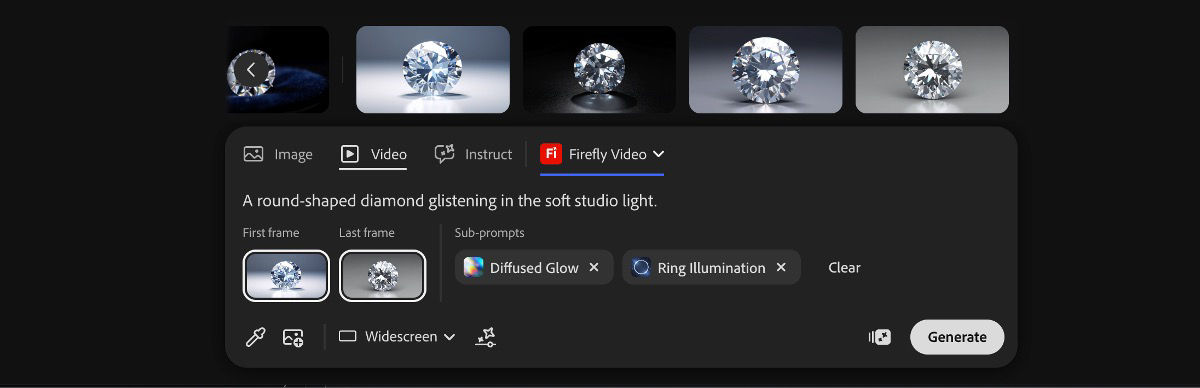 The text prompt bar is open, providing options to add a text description, choose an image or video generation model, and set the aspect ratio.