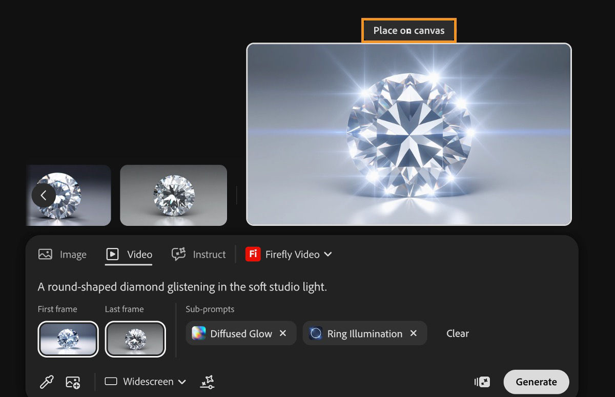 The generated video is highlighted, and an option to 'Place on Canvas' is available to add it to the canvas.