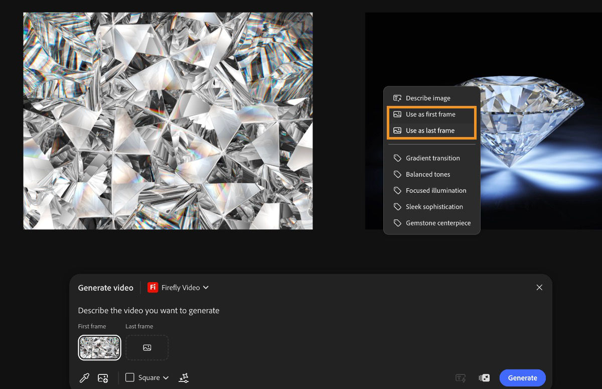 The image on the canvas is selected, and Sample from canvas is used to specify it as the first or last frame for video generation.