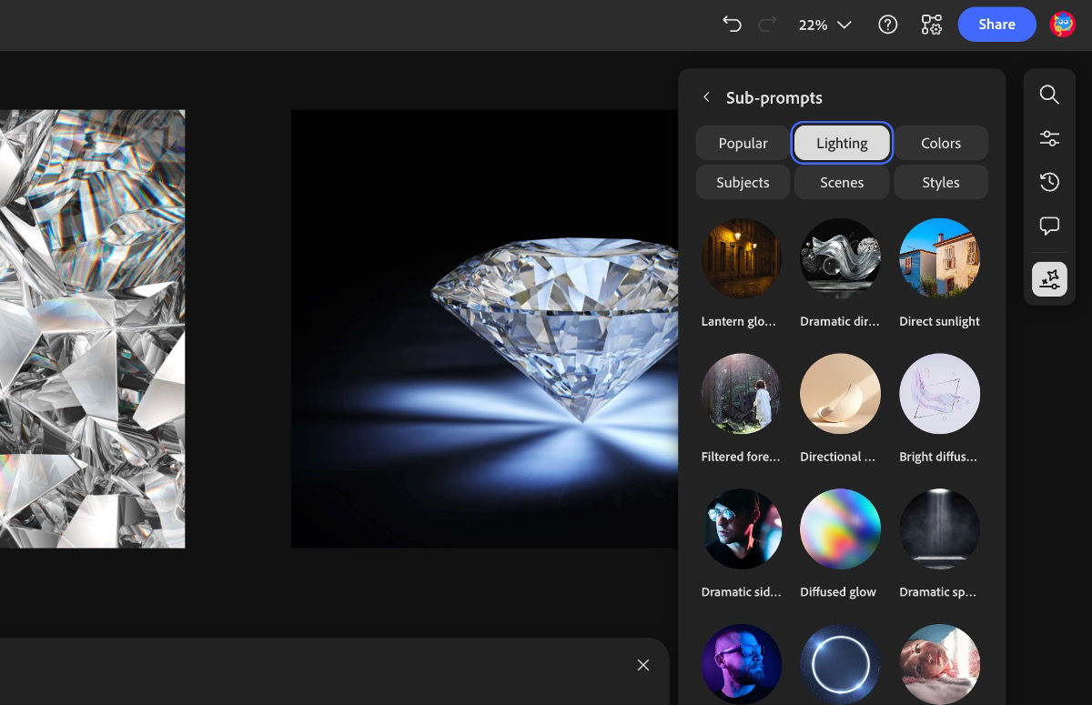 The Generation settings icon is selected and from the panel, the Browse option under Sub-prompts is open. There are list of categories to browse and select as sub-prompts for the video generation.
