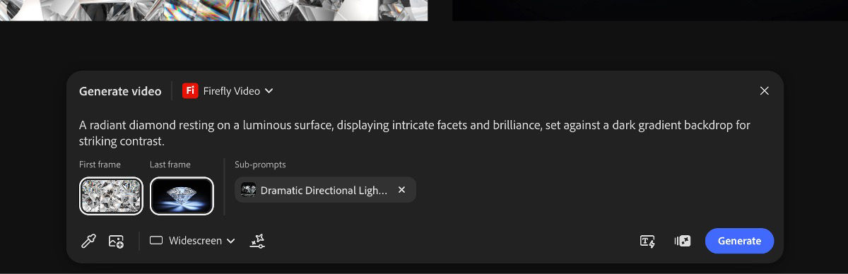 The text prompt bar is open, providing options to add a text description, choose an image or video generation model, and set the aspect ratio.