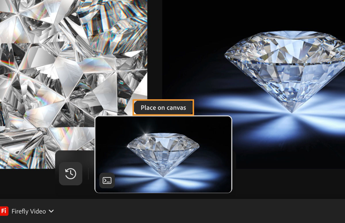 The generated video is highlighted, and an option to 'Place on Canvas' is available to add it to the canvas.