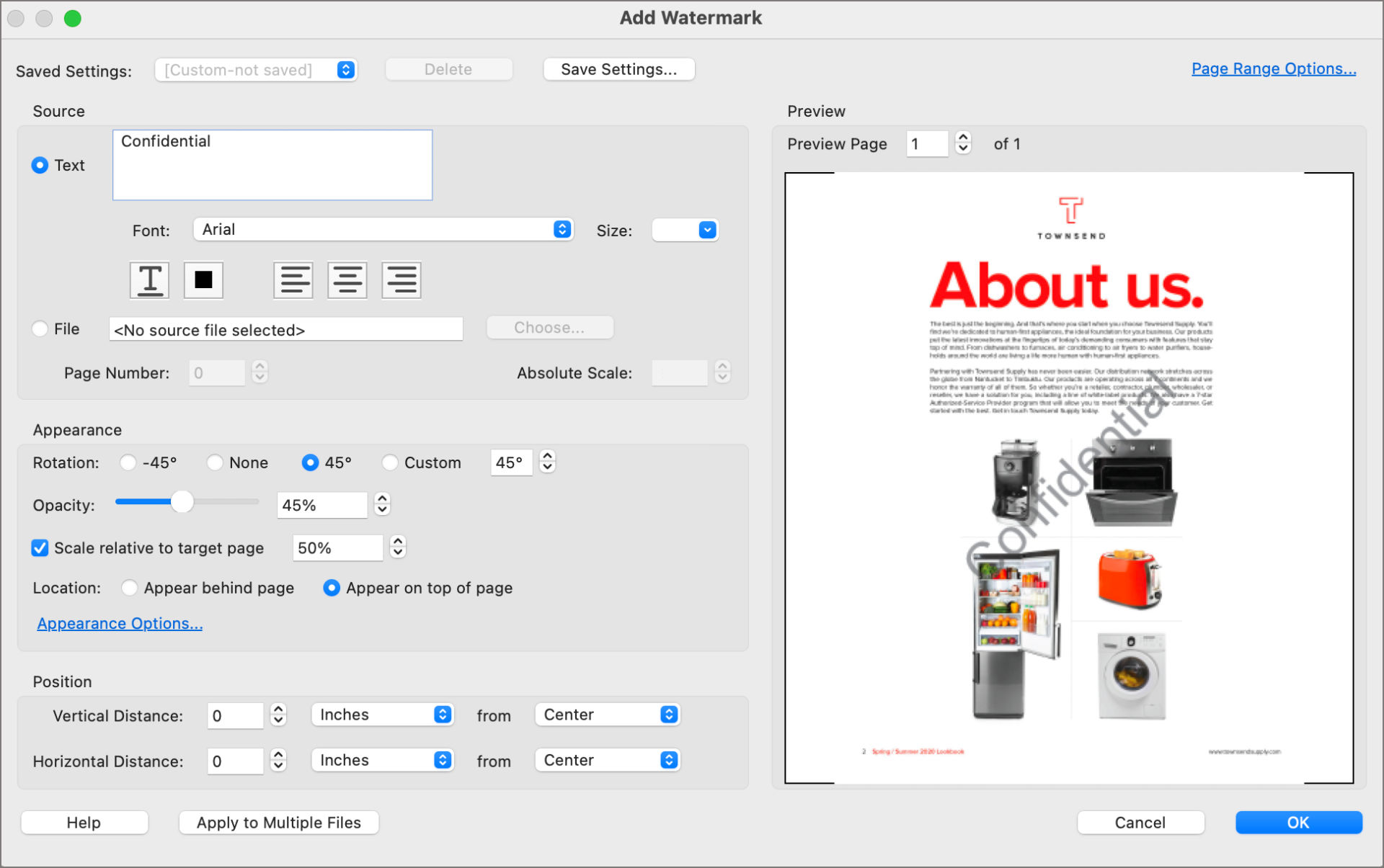 Add Watermark settings window