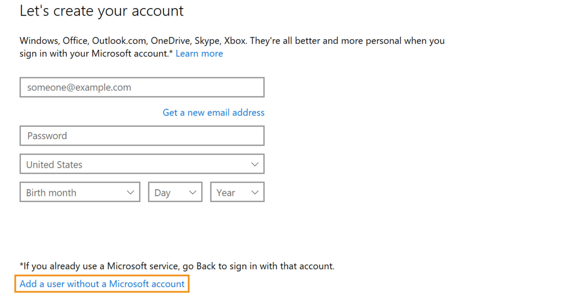 Add a user without a Microsoft account