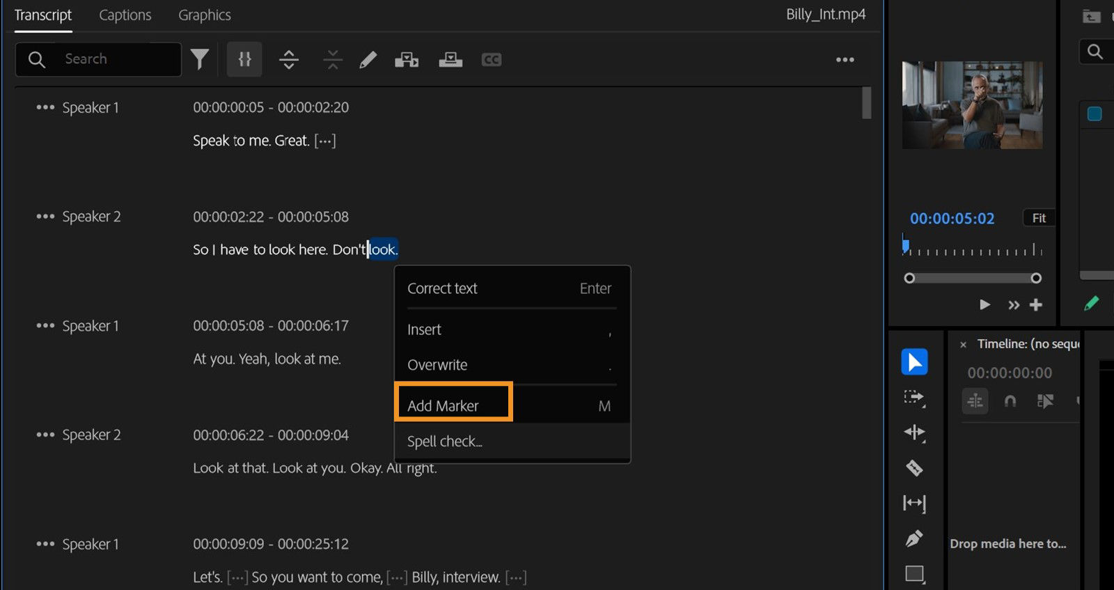  Transcript panel is open with highlighted text and Add Markers option is selected from the menu.
