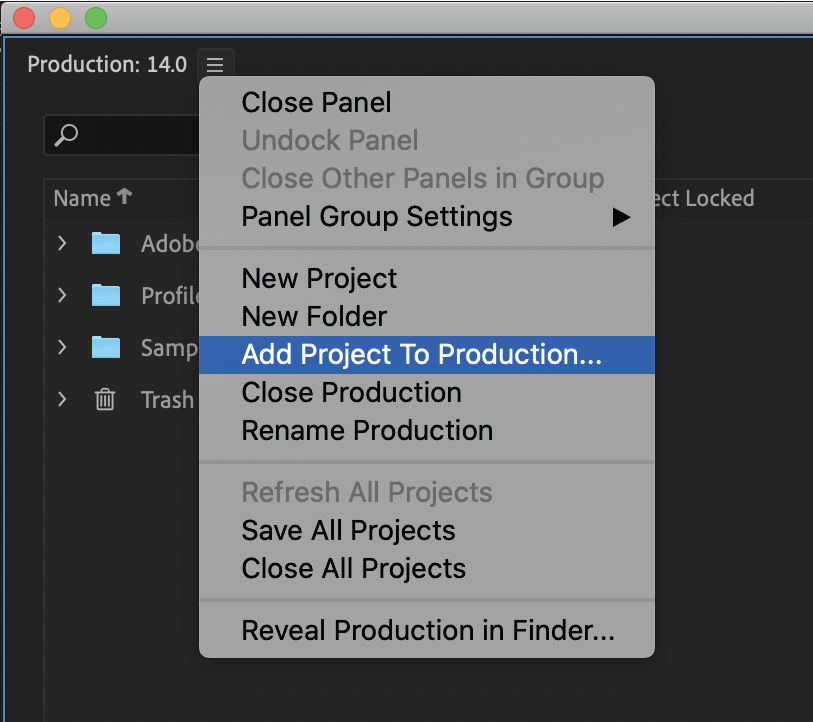 Add an existing project to a production