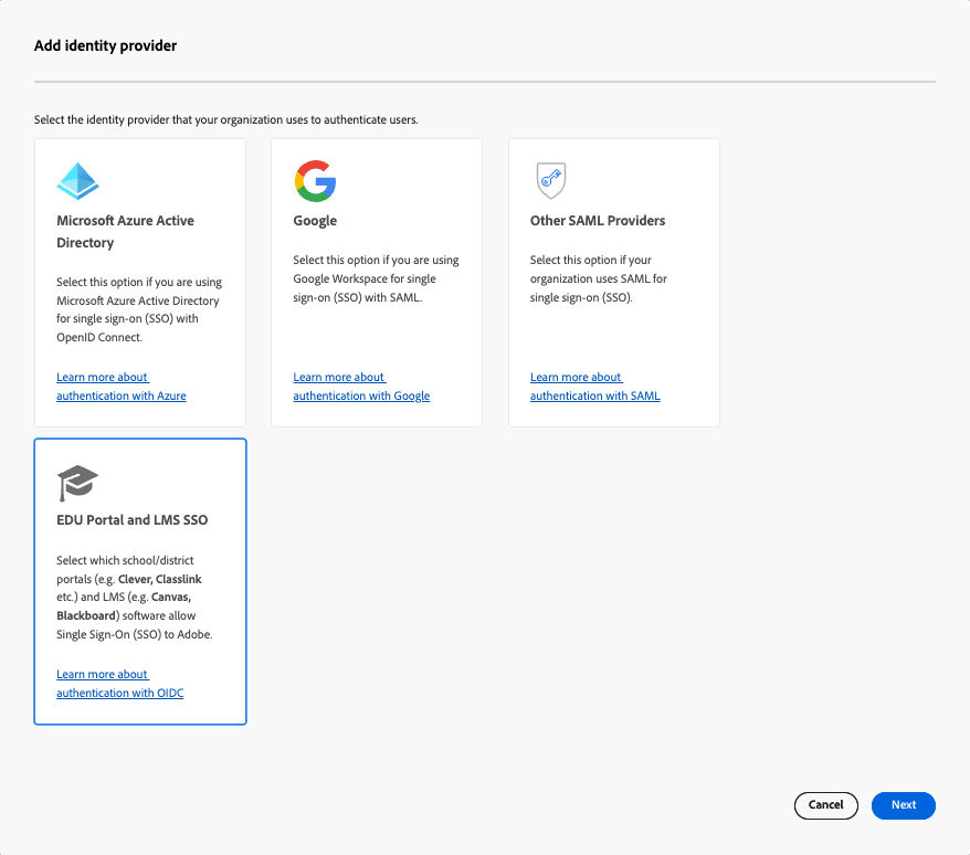 A screen of identity providers displayed when selecting add new idp