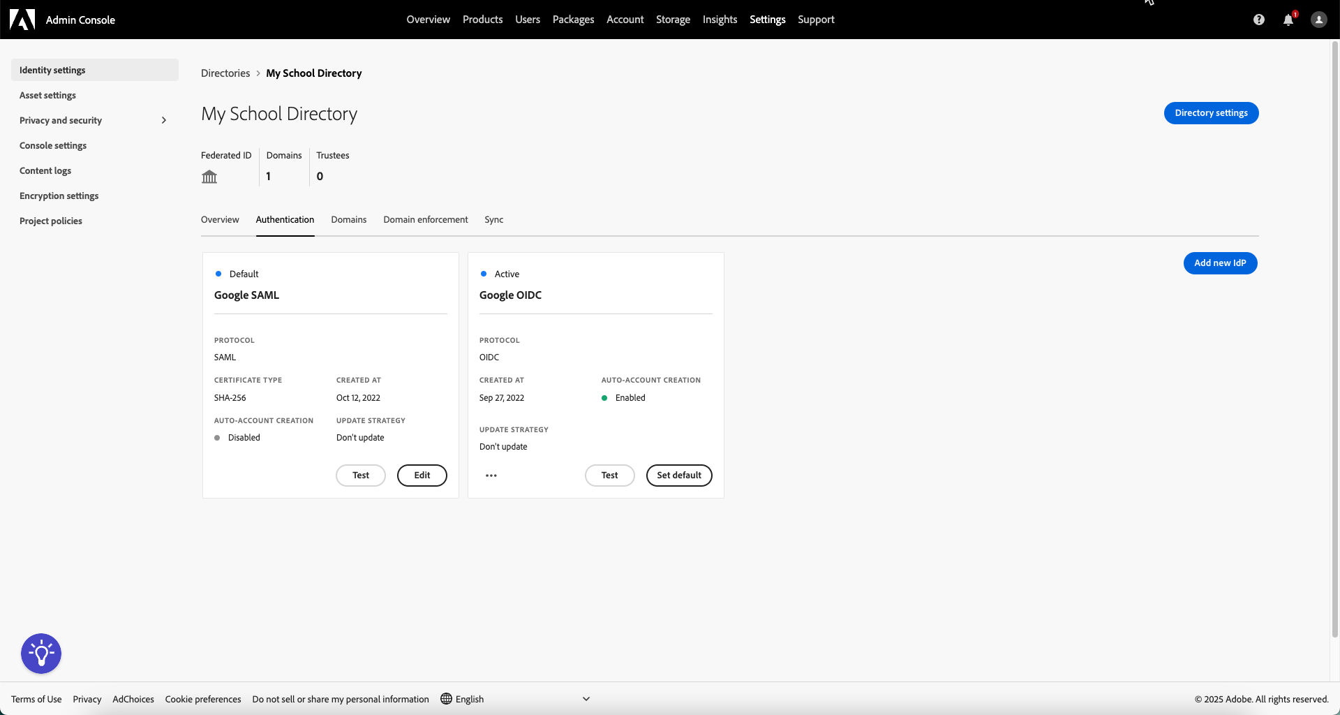 Select add new idp in the directory authentication page